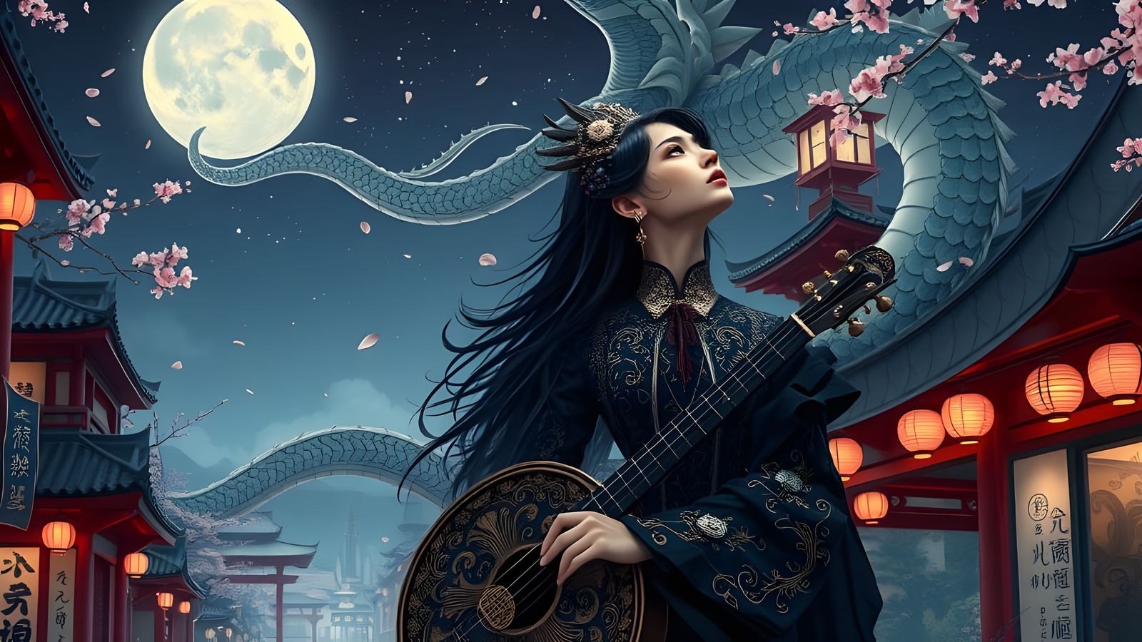 Gothic Woman, Dragon, and Koto in Tokyo Night