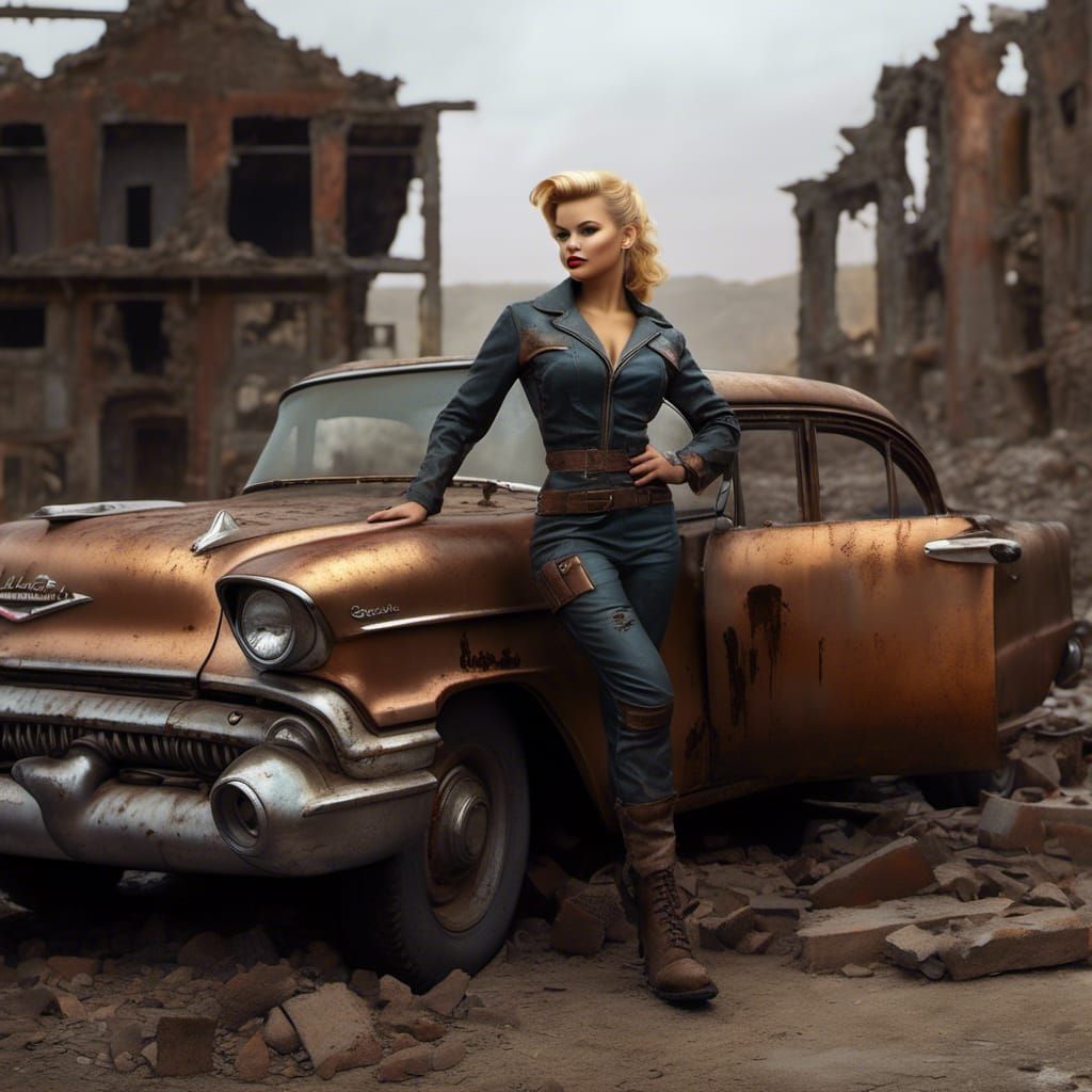Vault Girl Pin-Up on '58 Chevy: Post-Apocalyptic Art