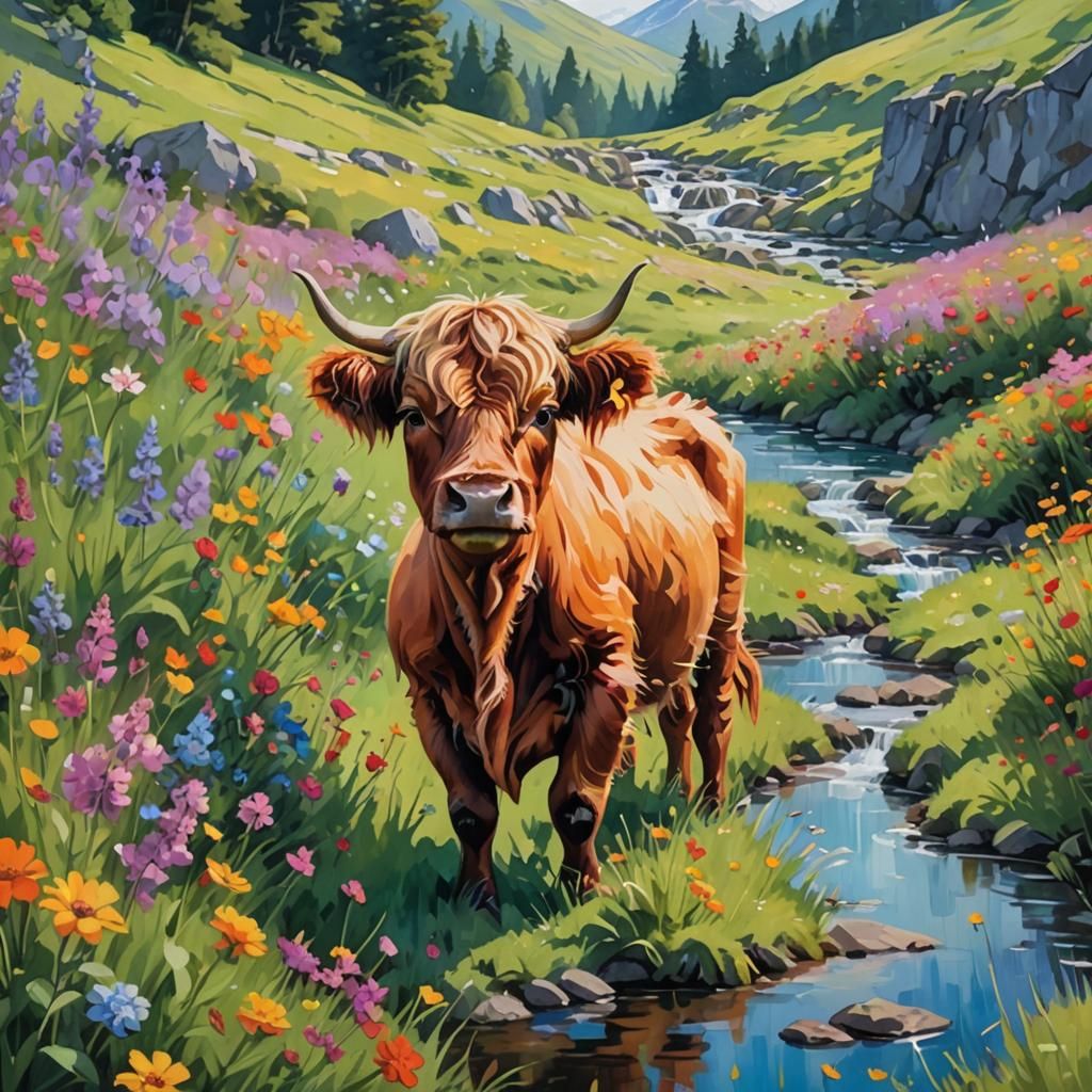 Highland Calf in Floral Meadow: An Impressionistic Scene
