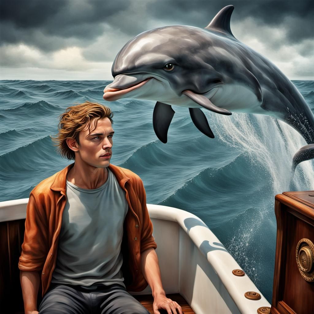 Hyperrealistic Man Races Dolphins in Ocean