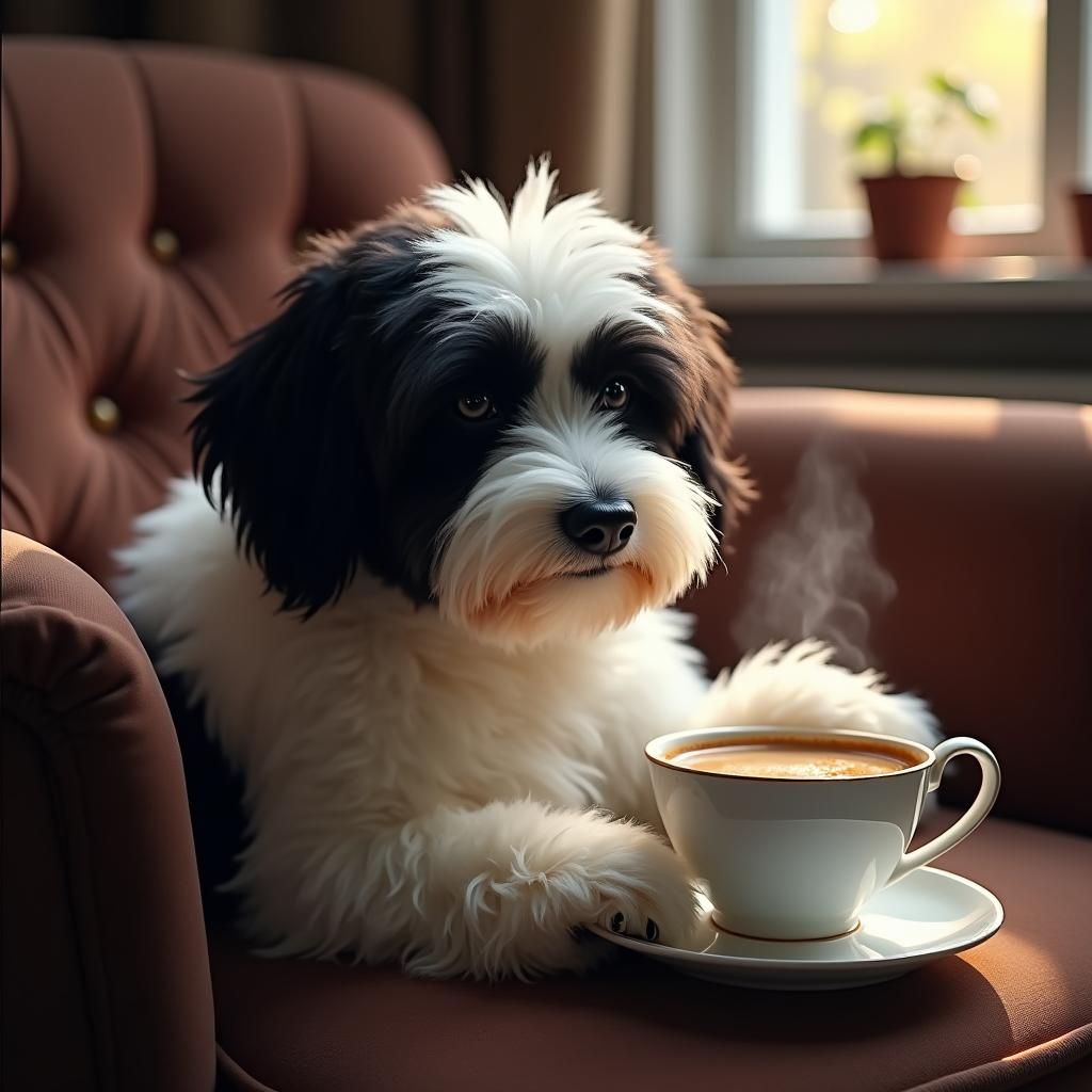 Havanese Dog Enjoys Coffee in Atmospheric Lighting