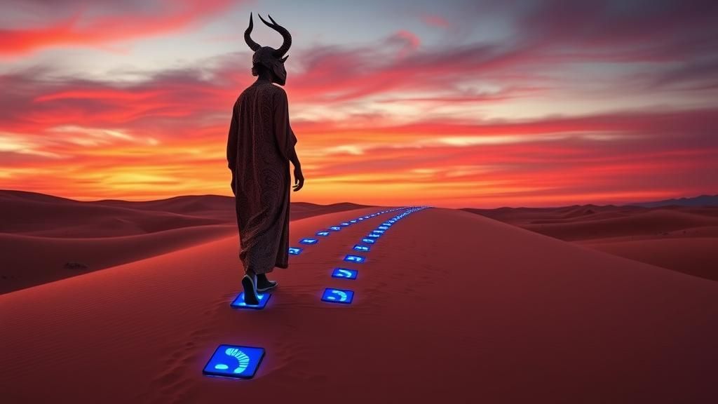 African Woman's Digital Footprints in Surreal Desert