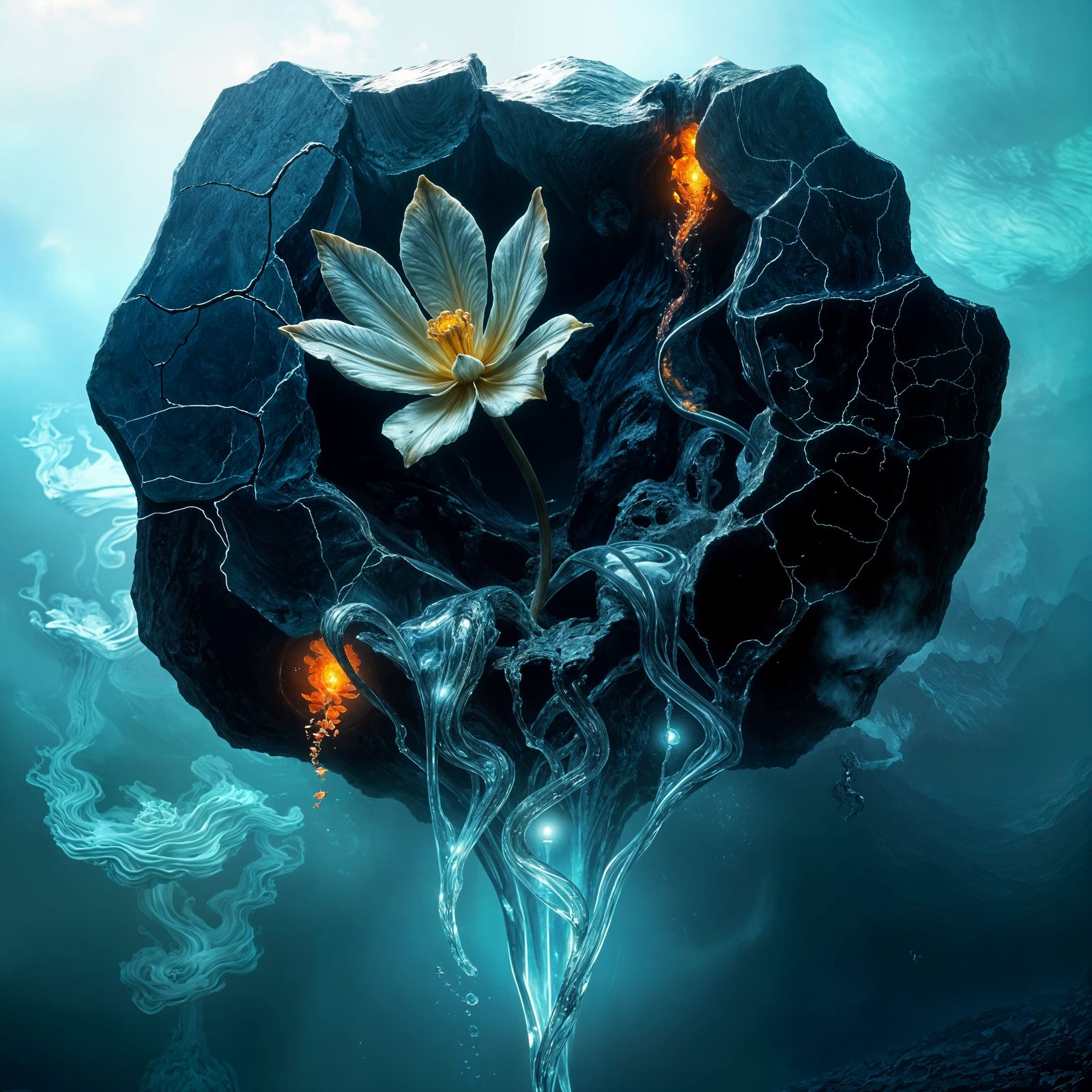 Biomechanical Flower Blooms on Obsidian Island in Surreal Hy...