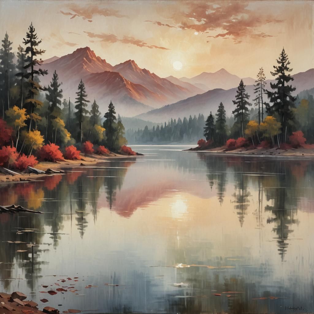 Warm Monochrome Impressionist Landscape with Red Mountains