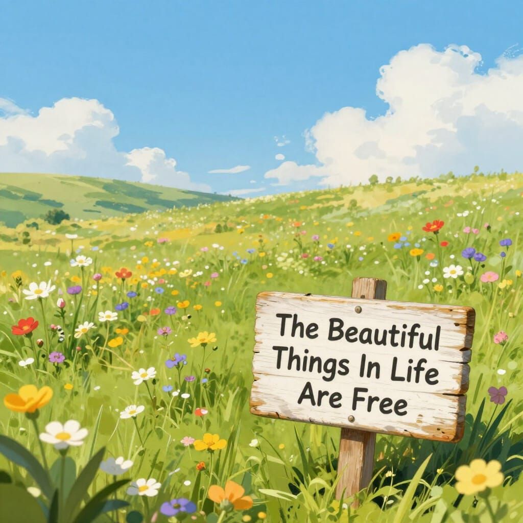 Idyllic Landscape with "Free Things" Sign
