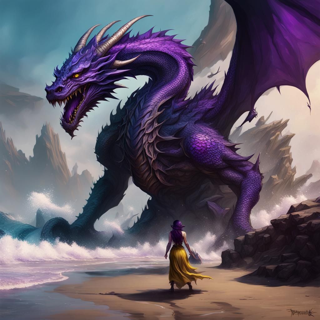 Dragon Rider Girl on Beach, Dark Fantasy Art