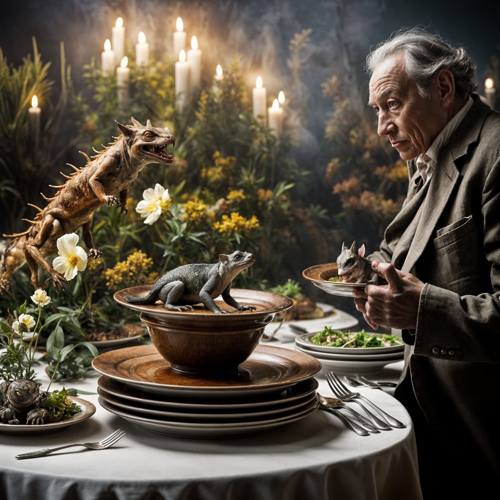 Surreal Restaurant with Bizarre Creatures, Detailed Painting