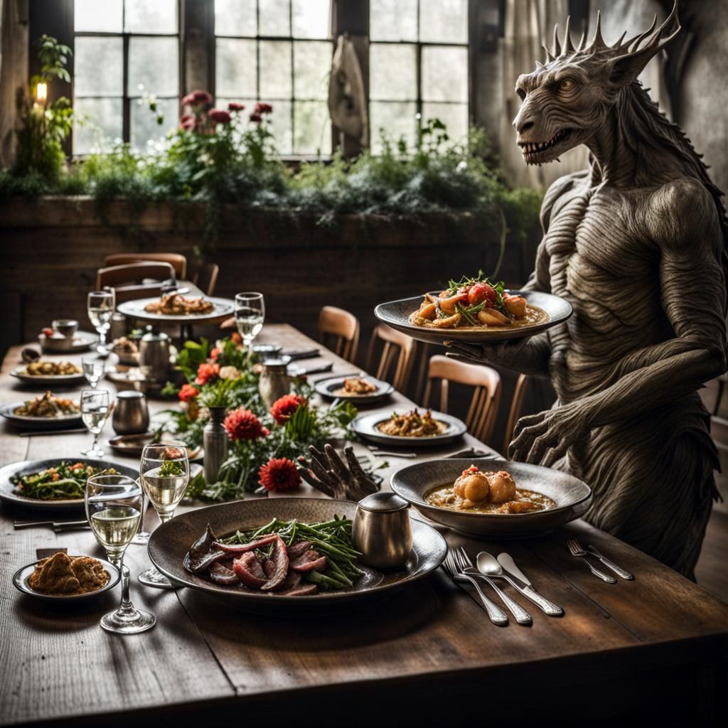 Surreal Restaurant with Bizarre Creatures, Celestial Art