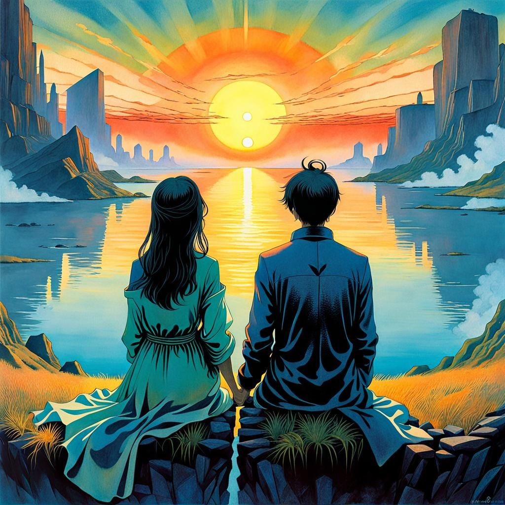 Couple Watching Sunset: Surreal Anime Cubism