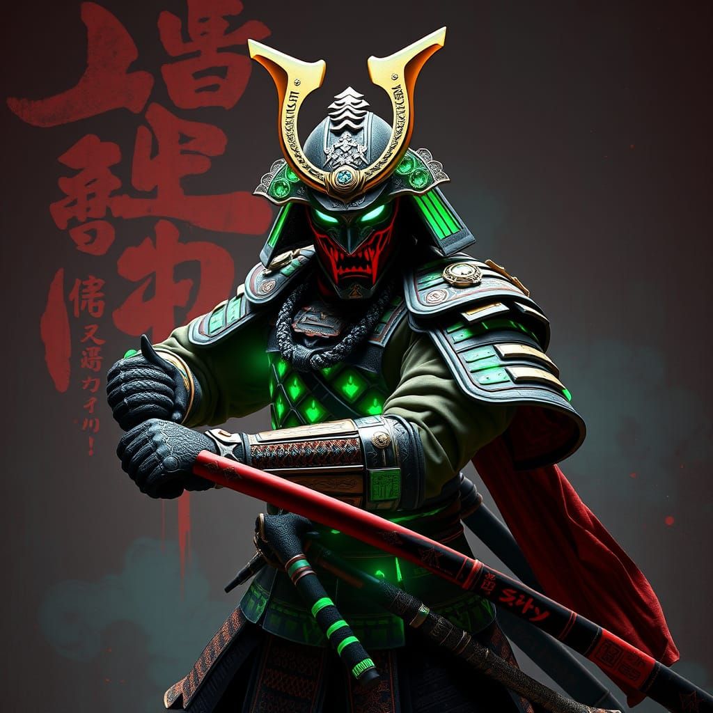 Heroic Samurai Warrior in Demon Mask, Traditional Japanese A...