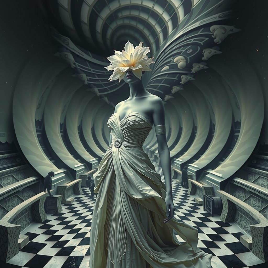 Mushroom Woman in Optical Illusion Landscape