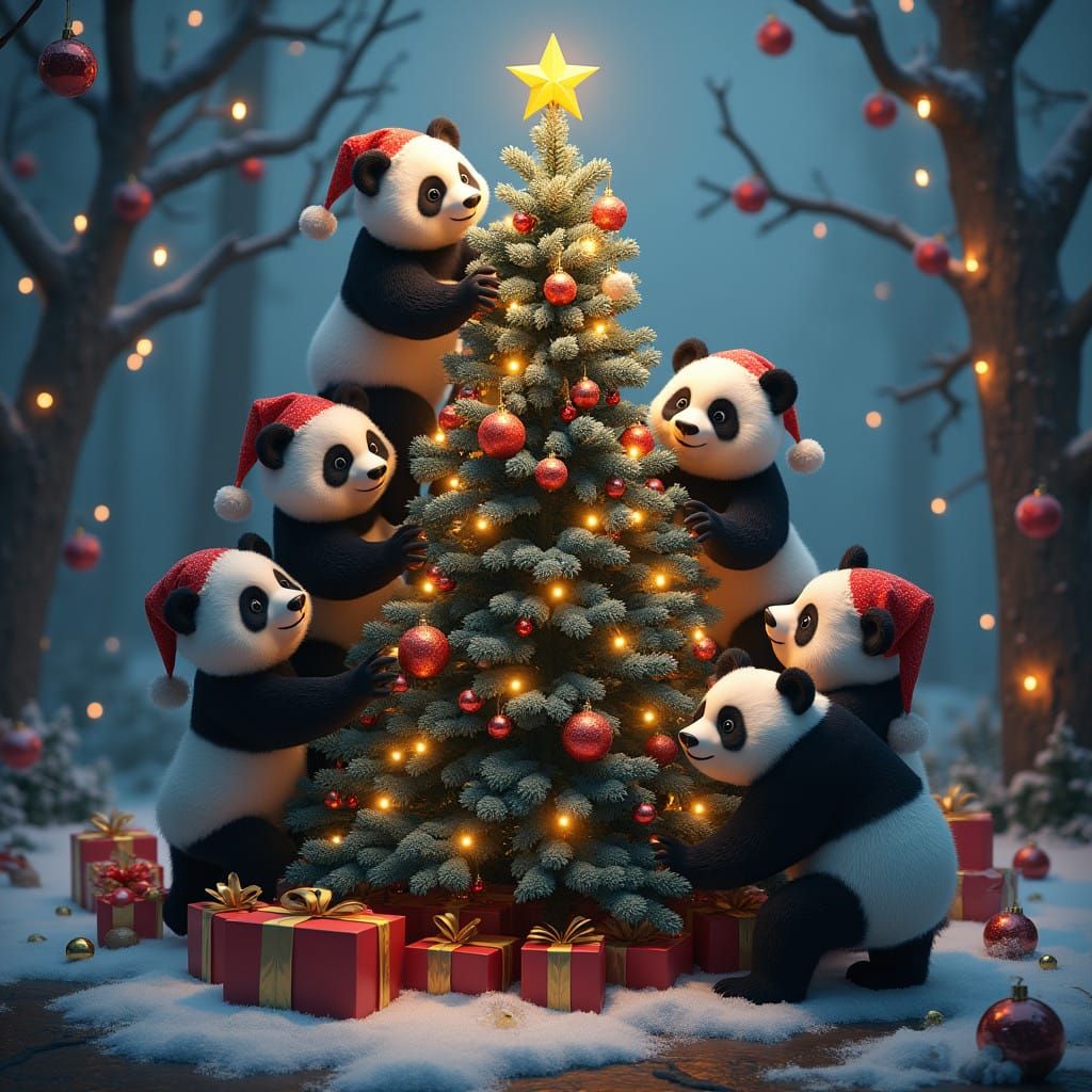 Fantastical Pandas Decorating a Vibrant Christmas Tree in Cy...