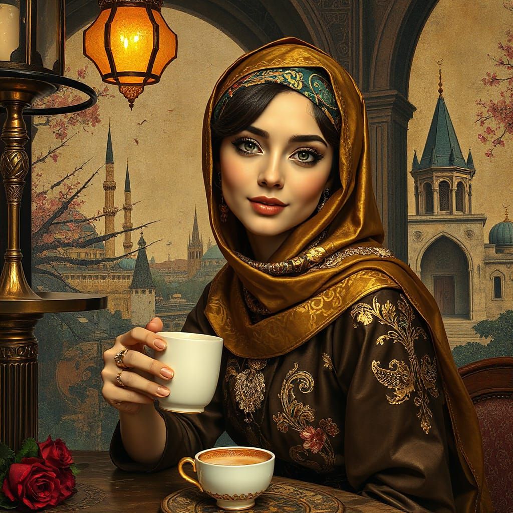 Arab Woman Serving Coffee in Opulent Istanbul