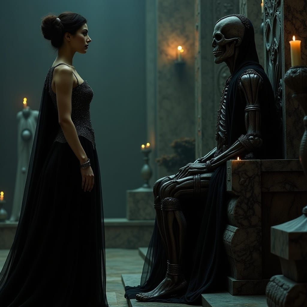 Woman Confronts Death God in Dark Realm