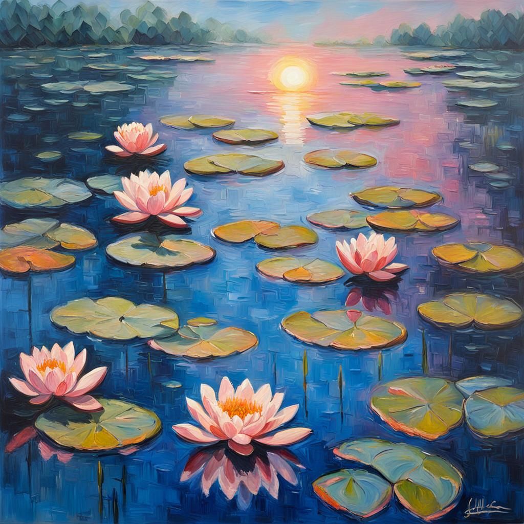 Impressionist Water Lilies at Sunset in Blues and Pinks
