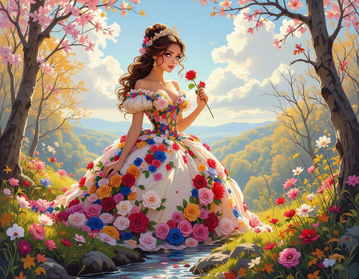 Elegant Princess in Flower Gown in Enchanting Forest