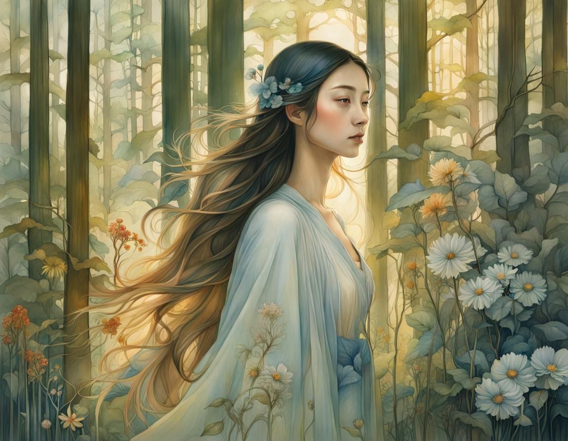 Woman in Sunlit Forest Clearing, Fantasy Art Portrait