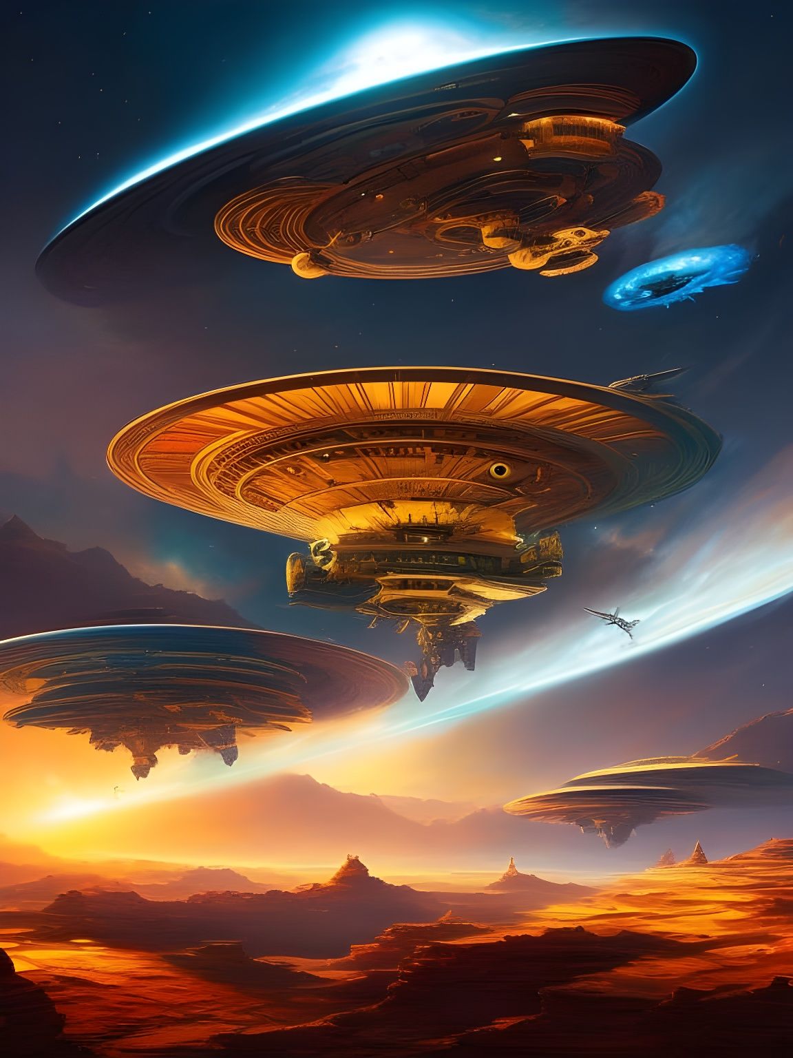 Detailed Sci-Fi UFO over Midnight Desert Landscape