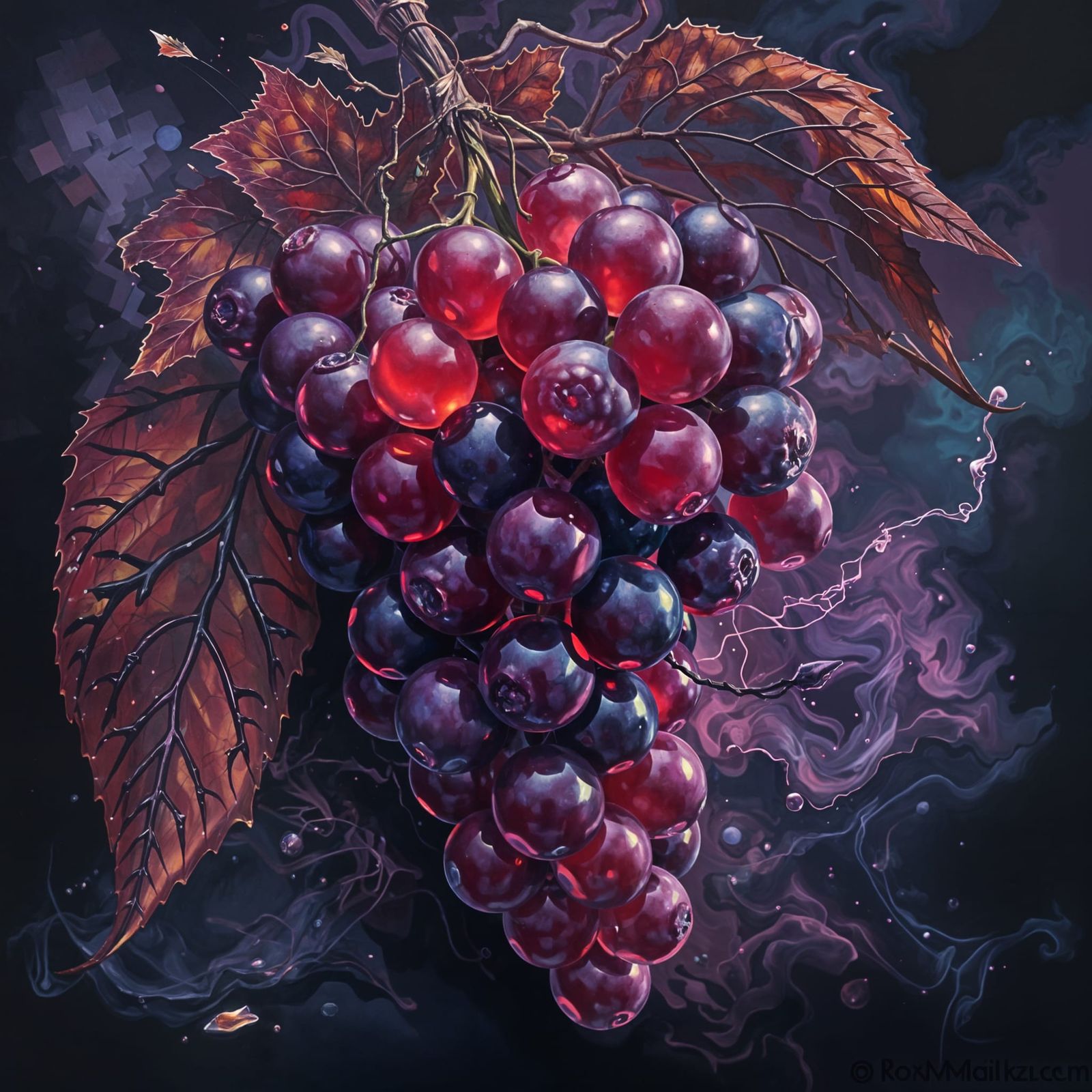 Hyperdetailed Metaphysical Painting,  dark light grapes,  glowing pulseating,  liquid smoke