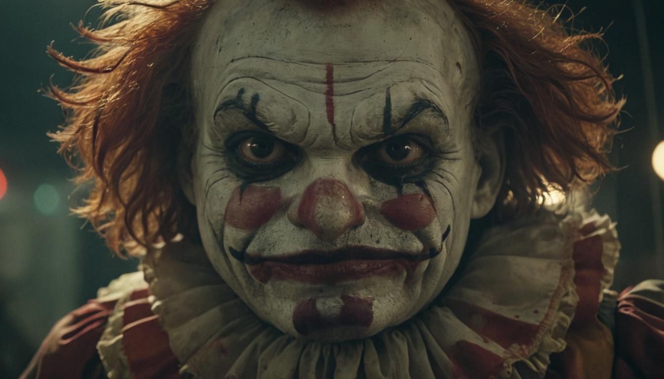 Creepy Clown in a Haunting Carnival Scene