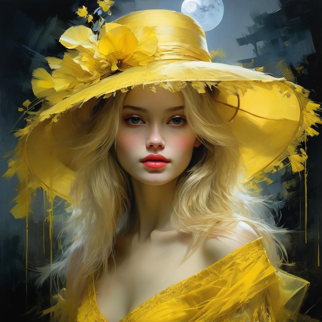 Blonde Woman in Yellow Tulle Hat, Fine Art