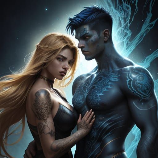 Teen Couple with Glowing Tattoos in Ancient Ruins