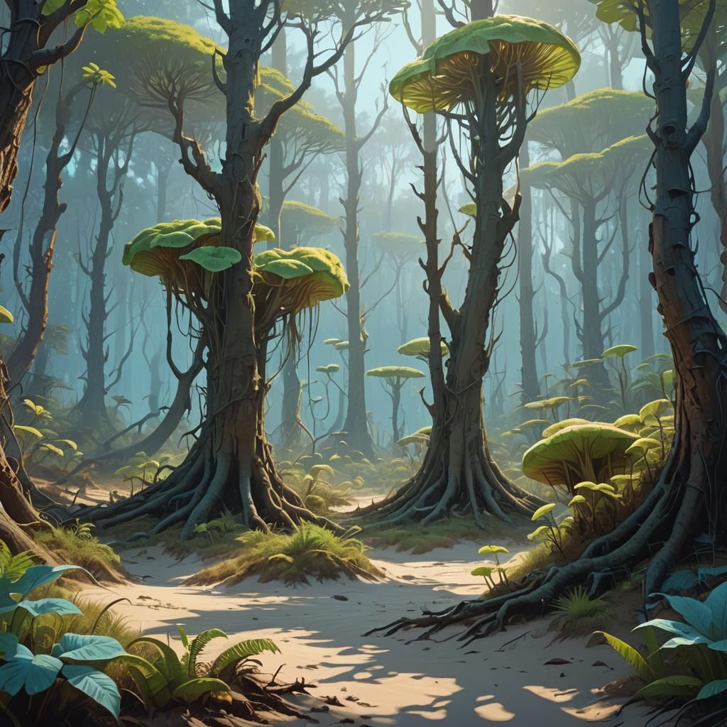 Glowing Forest in Desert Landscape, Fantasy Art