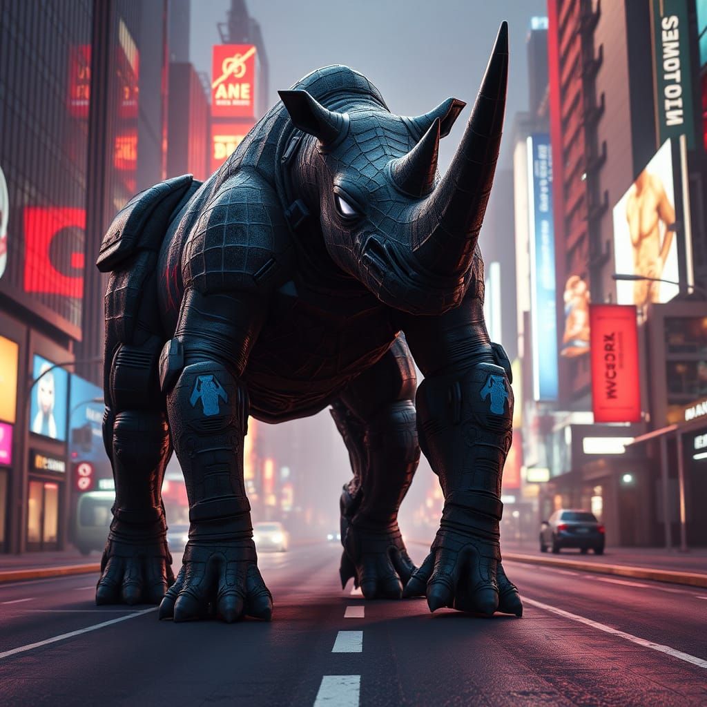 Rhino-Spider Hybrid in AI City, Cinematic Film Still