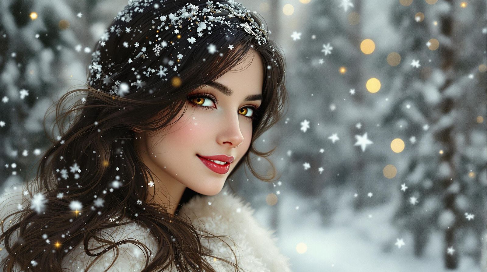 Brunette in Winter Wonderland, Art Nouveau Style