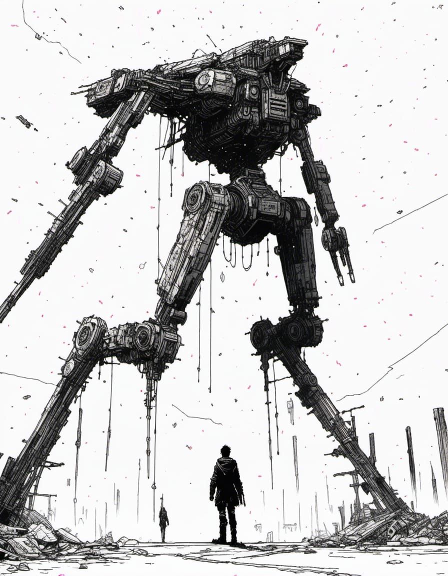 Cyberpunk Mecha Sentinel Above Ruined Cityscape