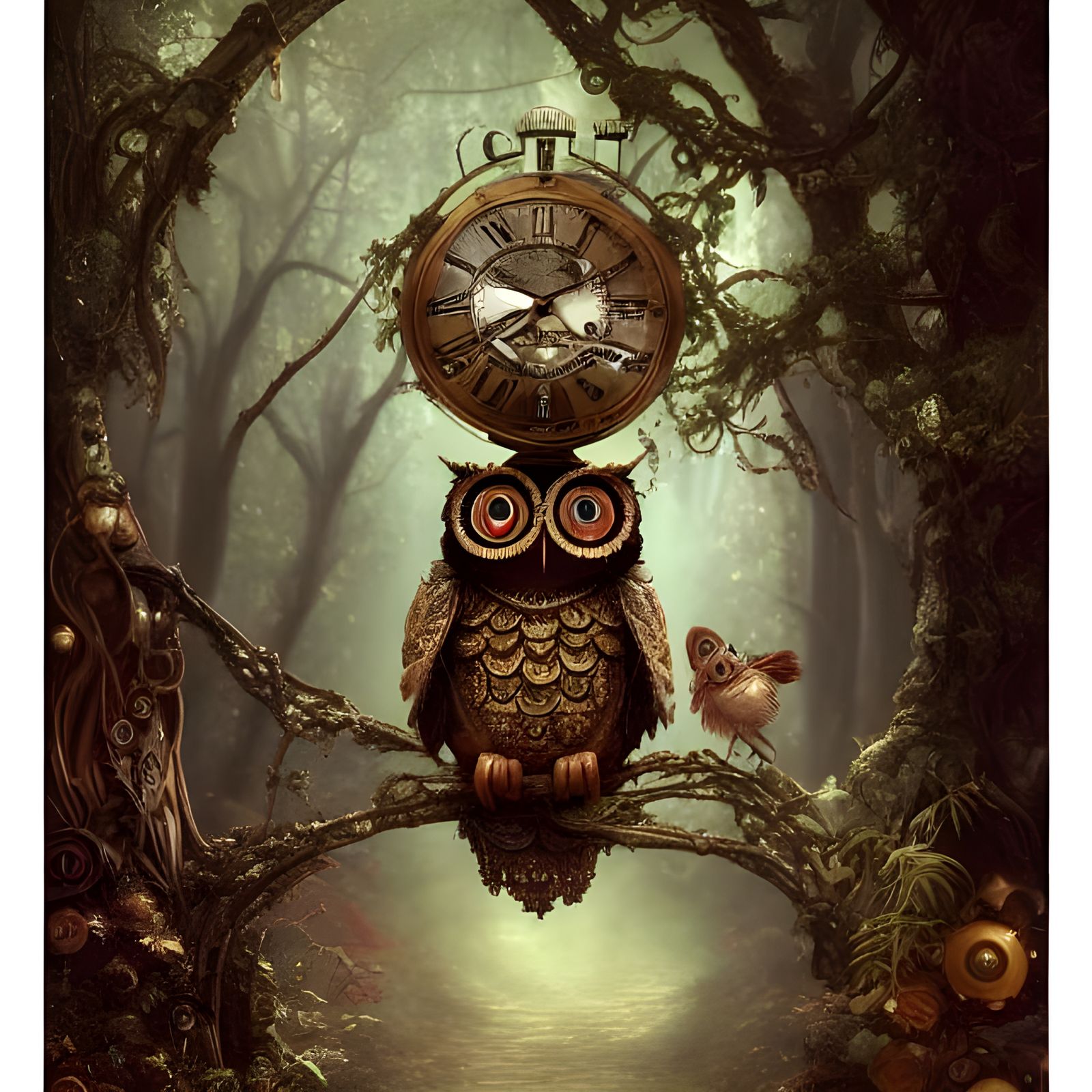 Steampunk Owl Shrine in Enchanted Forest