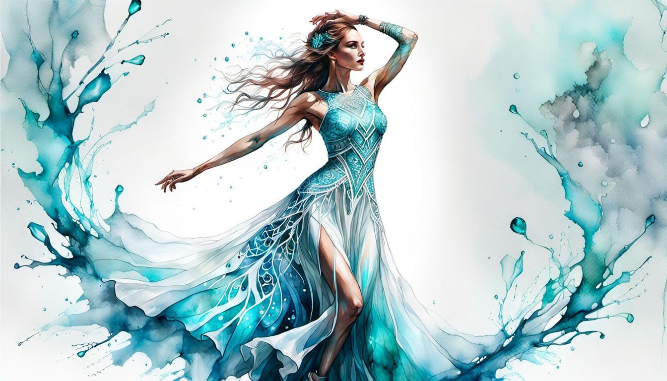 Dancing Girl in Ice Dress: Hyperrealistic Watercolor