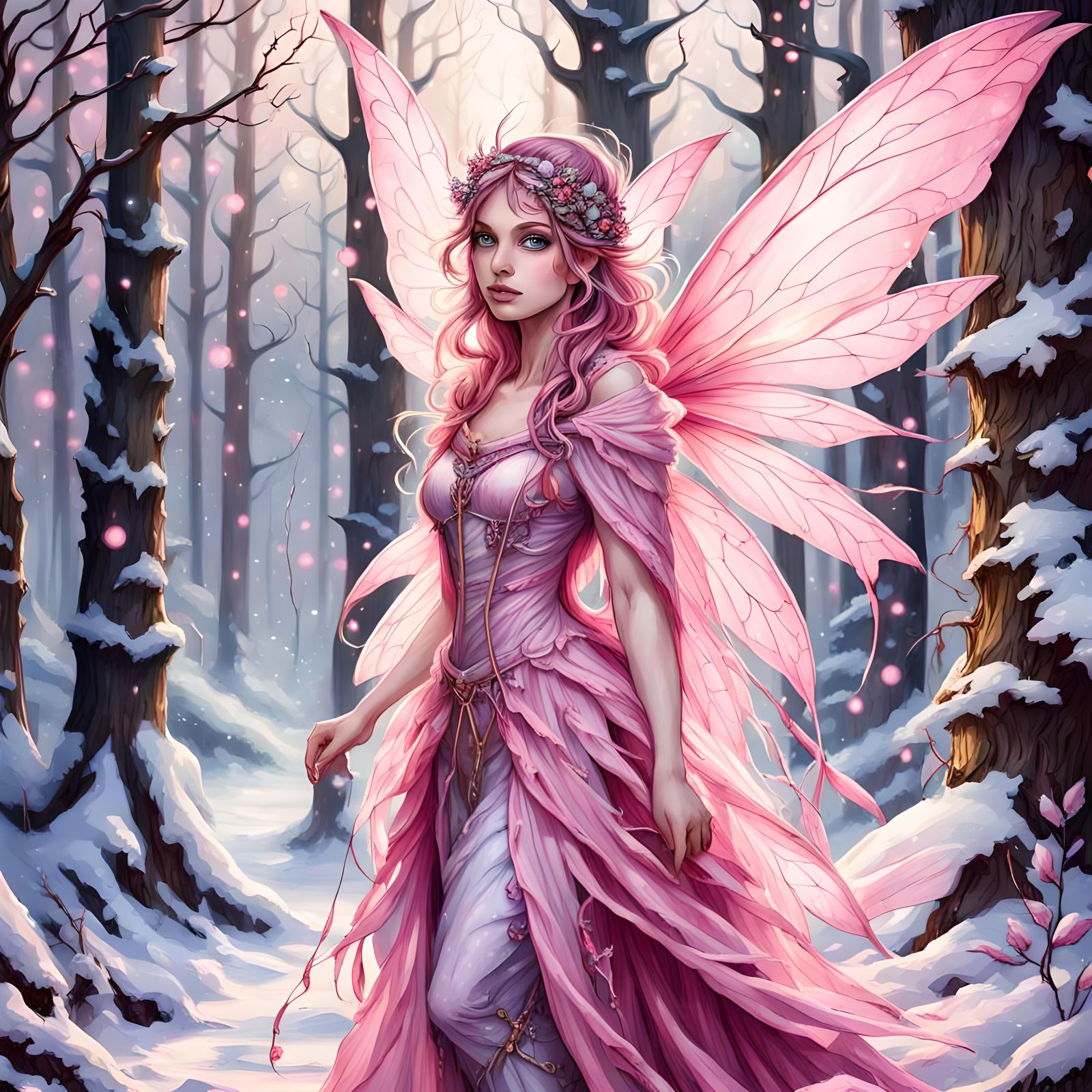 Hyperdetailed Fantasy fairy wearing pink, in a fantasy fairy winter forest