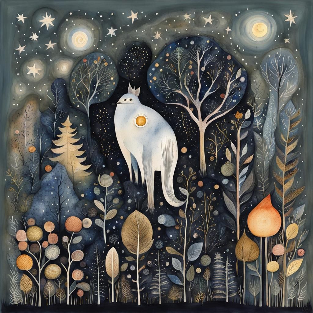 Mystical Forest Under Starry Sky in Watercolor Art Brut