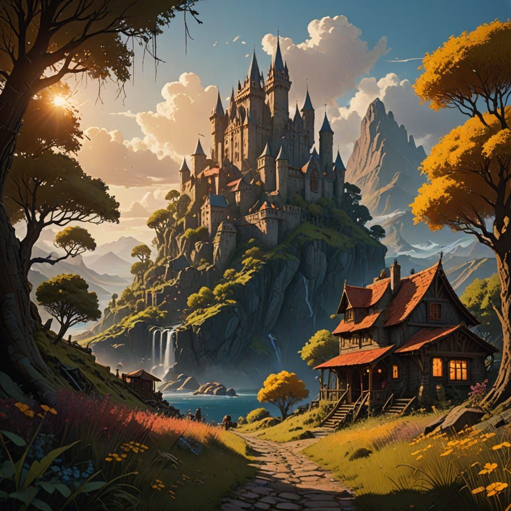 Epic Fantasy Landscape in Vibrant Colors, with Cinematic Vol...