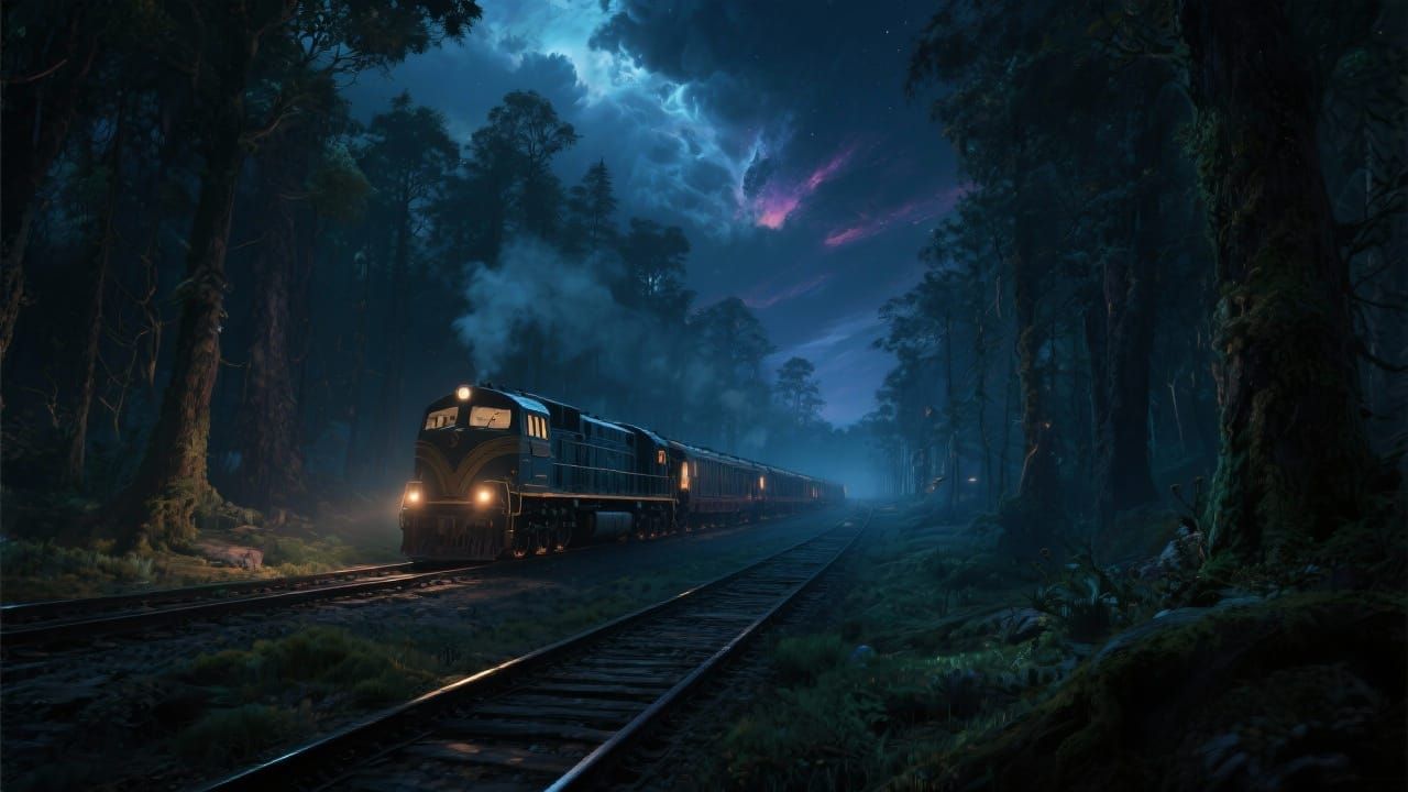 Train Rides Through Forest Night Sky