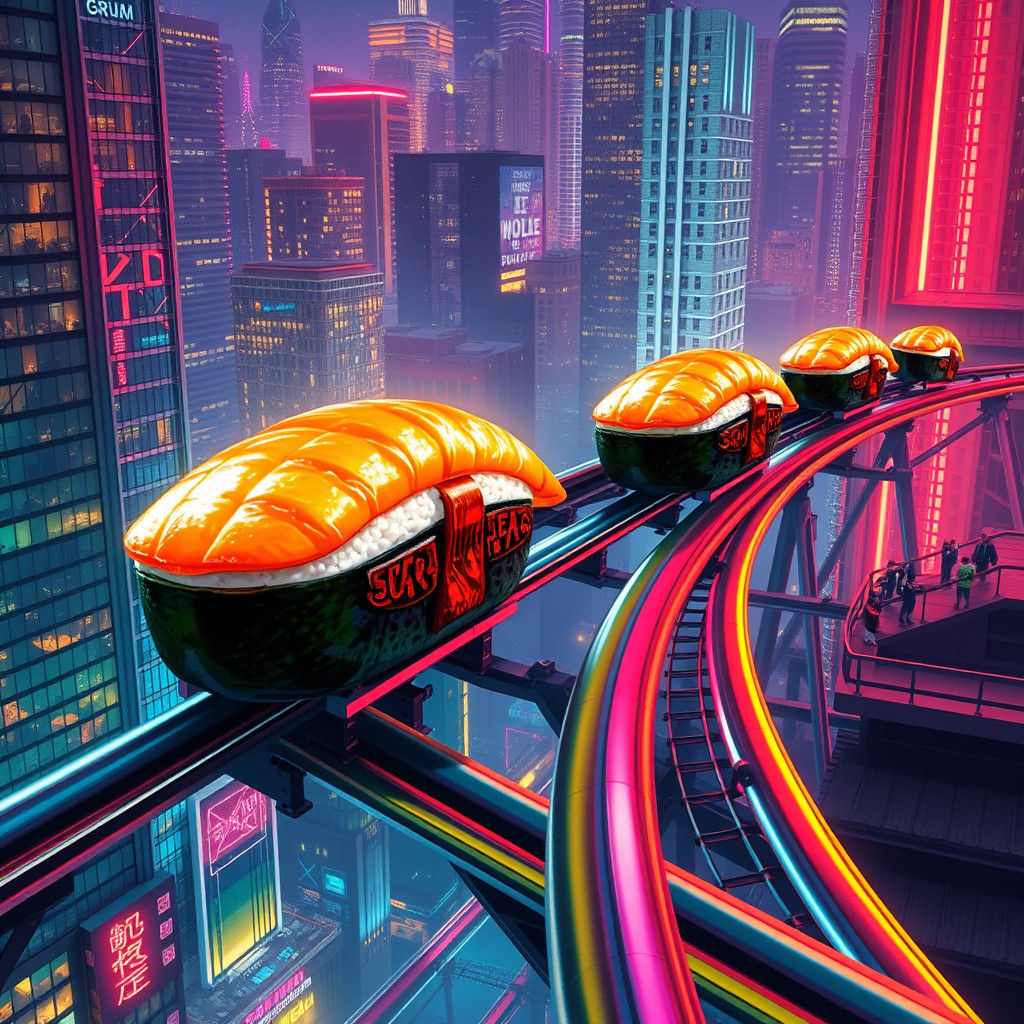 Surreal Sushi Rollercoaster Through Futuristic City