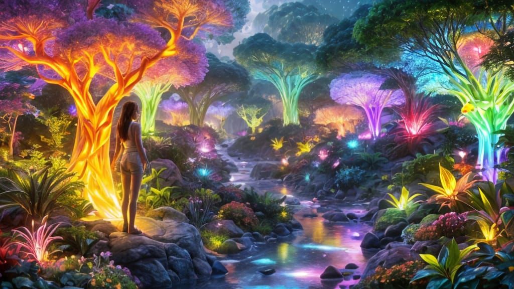 Luminous Future Garden in Cyberpunk Style