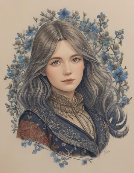 Woman with Flowering Branch: Detailed Line Drawing