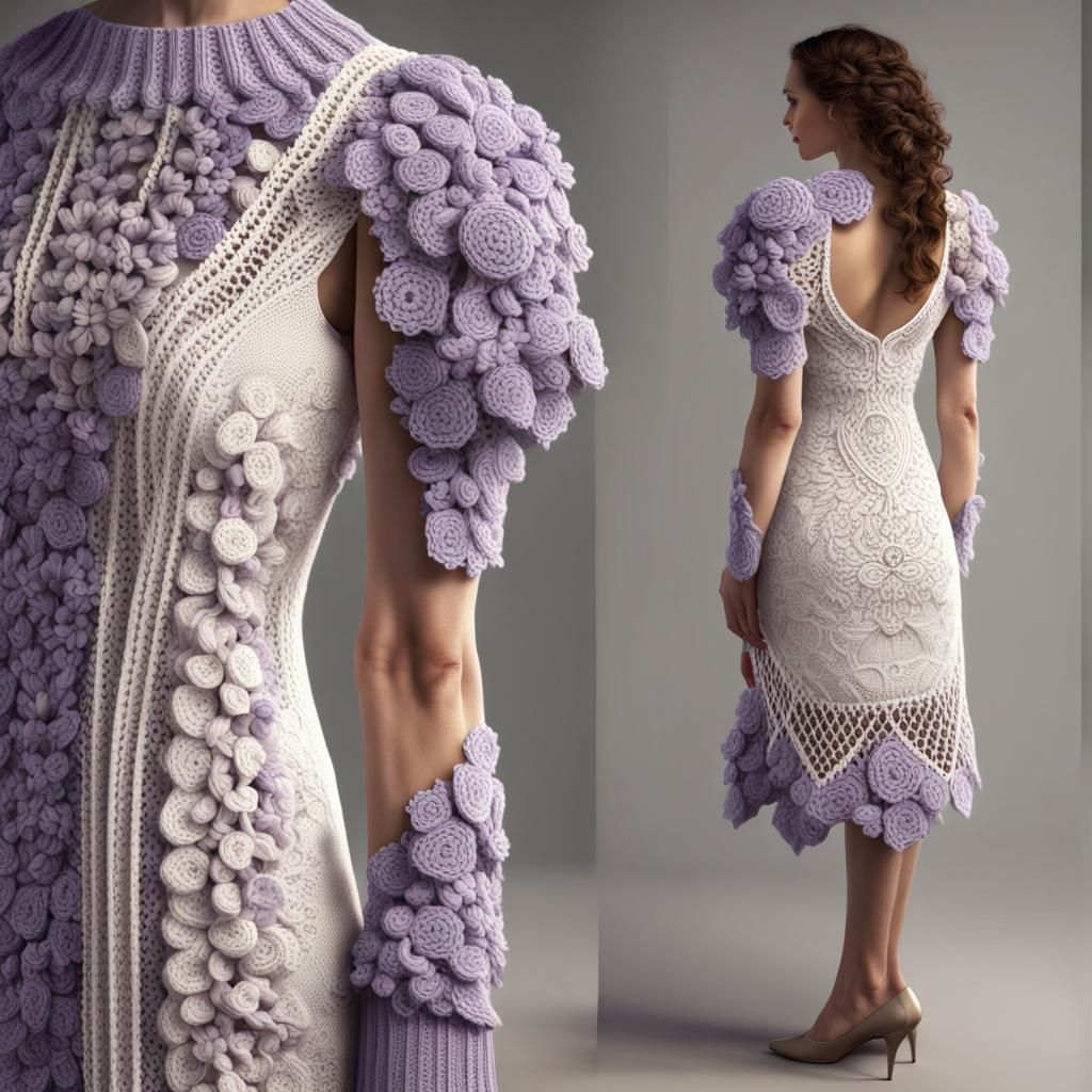 Elegant Knit Dress with Lilac Granny Squares