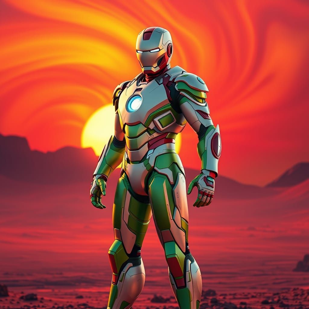 Iron Man in White and Green Latex Suit against Martian Sunse...
