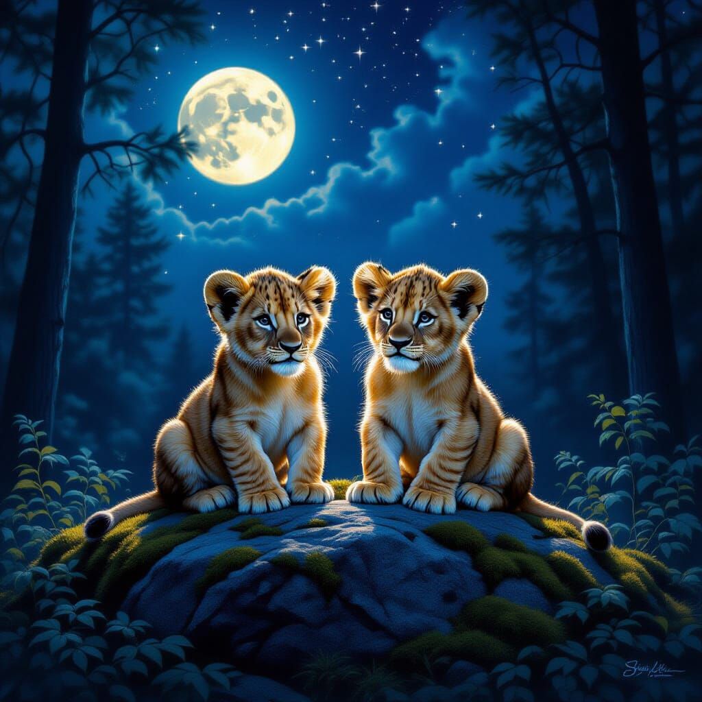 Hyperrealistic Lion Cubs Under Full Moon in Forest