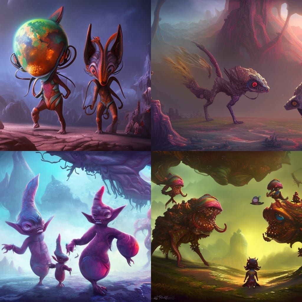 Cartoon Creatures Explore Planet in Detailed Matte Painting