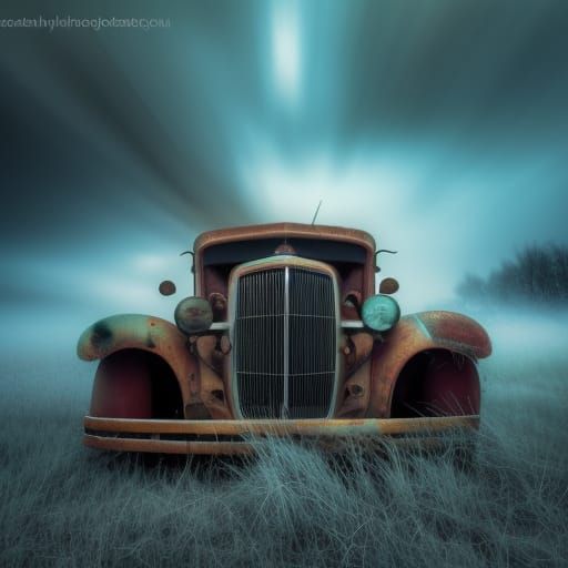 Abandoned 1932 Chevy in Foggy, Green-Toned Photo