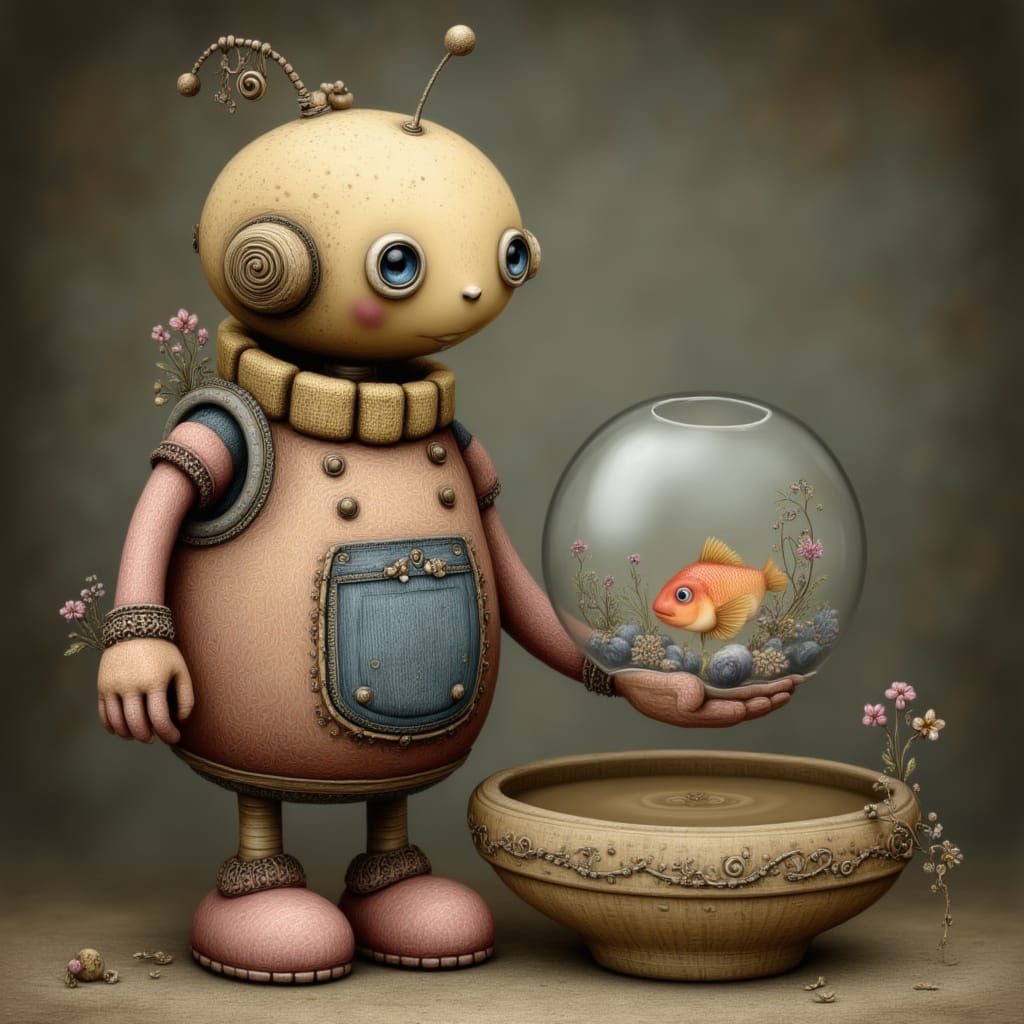 Cute Robot Holding a Fishbowl