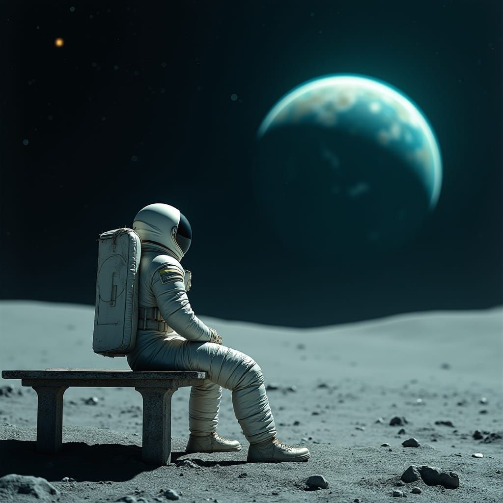 Astronaut Contemplates the Earth from the Lunar Surface in a...