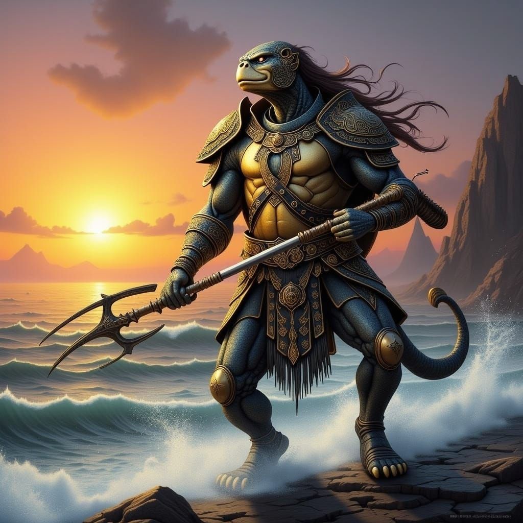 Armored Turtle Warrior on Rocky Shore at Sunset