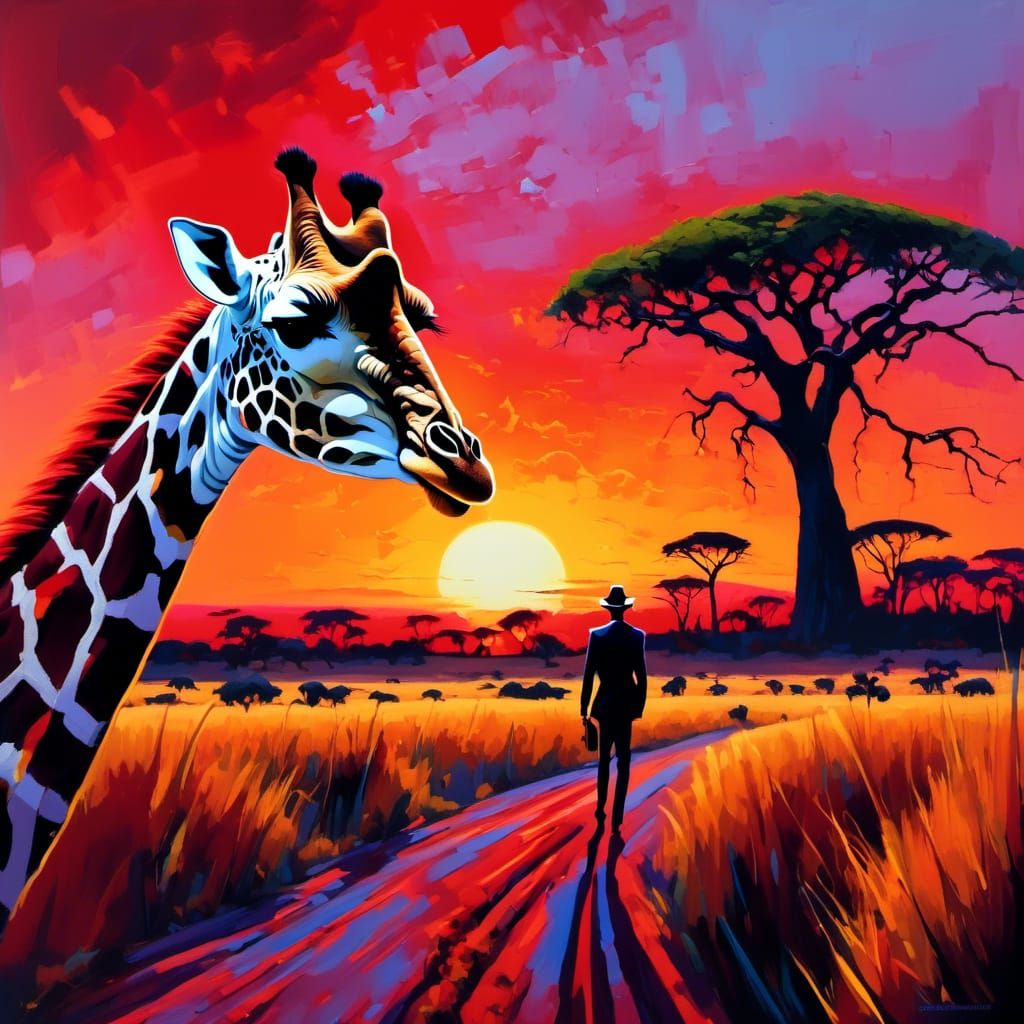 Expressionistic Giraffe Portrait at Sunset, Impasto Painting