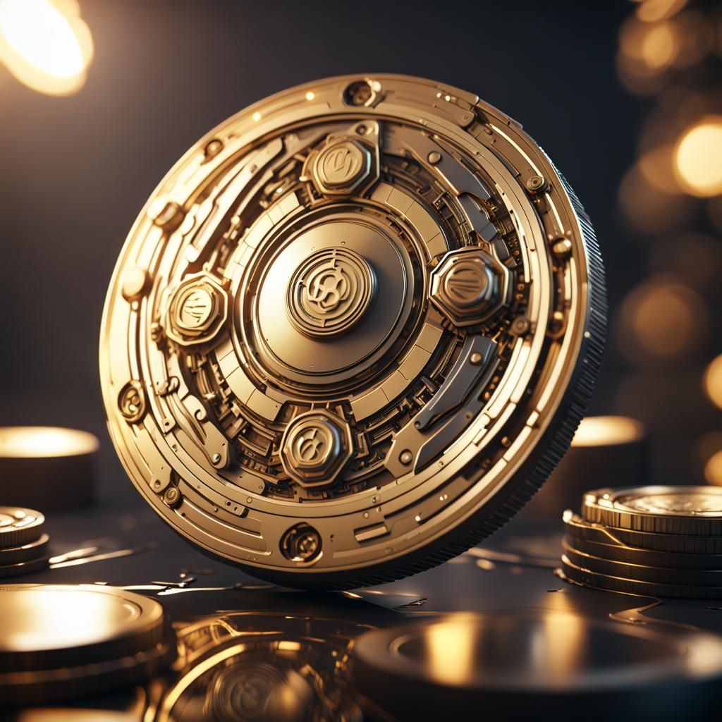 Futuristic Gold Coin with Intricate Mech Details