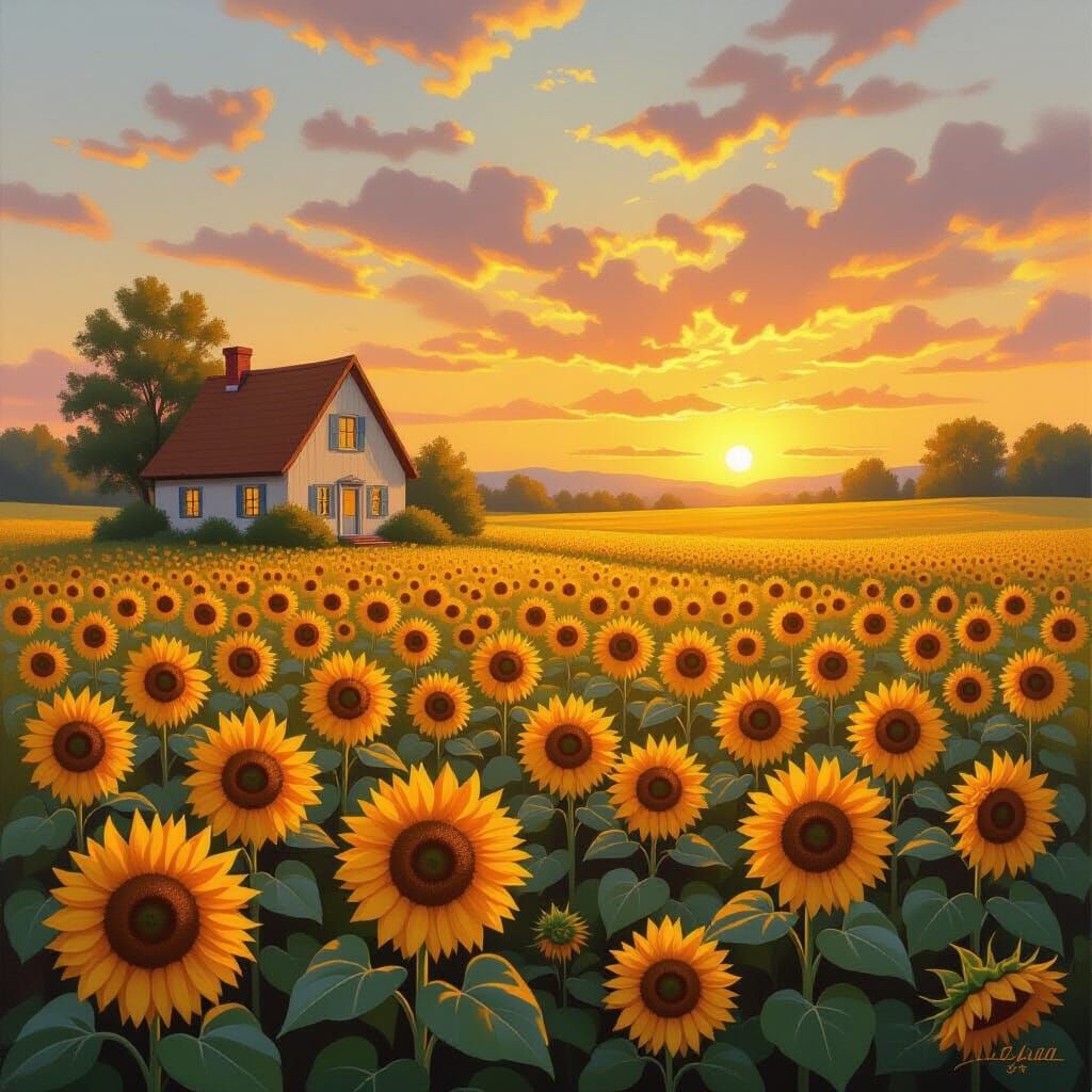 Golden Sunset over Sunflower Field Oil Painting